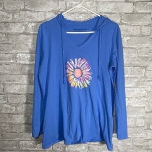 Life is Good Women's Blue Hooded V-Neck Long Sleeve Tee size large lightweight